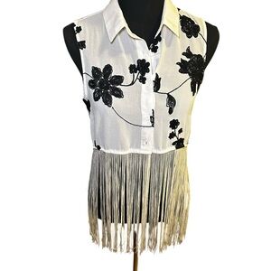 Uniq Black and White Floral Fringe Blouse - Western Size S